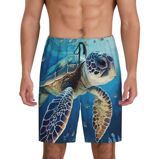Balery Watercolor Turtle Pantalones cortos de pijama de punto de algodón para hombre con cinturilla y bolsillos-Small