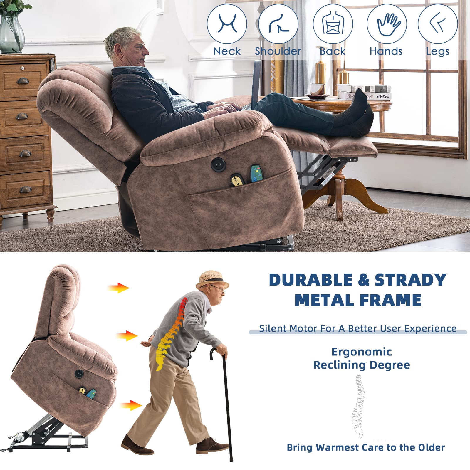 SOCIALCOMFY Large Power Electric Lift Recliner Chair for Elderly Big People, Heated Massage Motorized Reclining Sofa, Wide Soft Fabric Recliners with 2 Remote Controls, Side Pockets & USB Ports, Brown