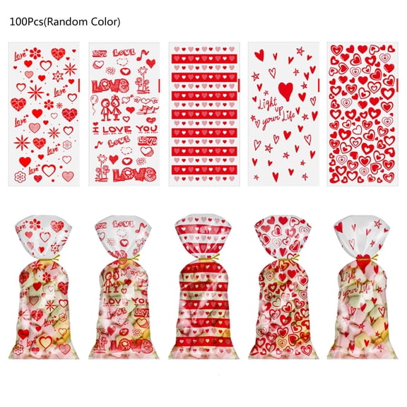 Giaone 100 Pieces Clear Treat Bags Valentine's Day Heart Pattern with Twist Ties Gift
