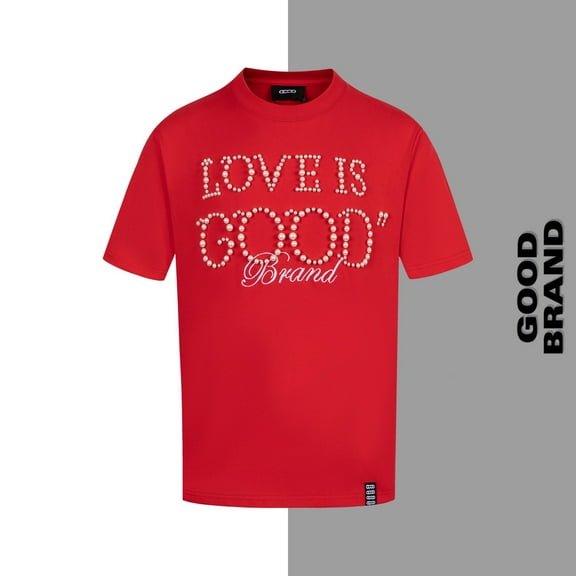 Unisex Oversized Cotton Crew Neck Tee, Pearl Embellished “LOVE IS GOOD” Graphic Short - Sleeve Shirt, Casual Streetwear Top, Red, XL
