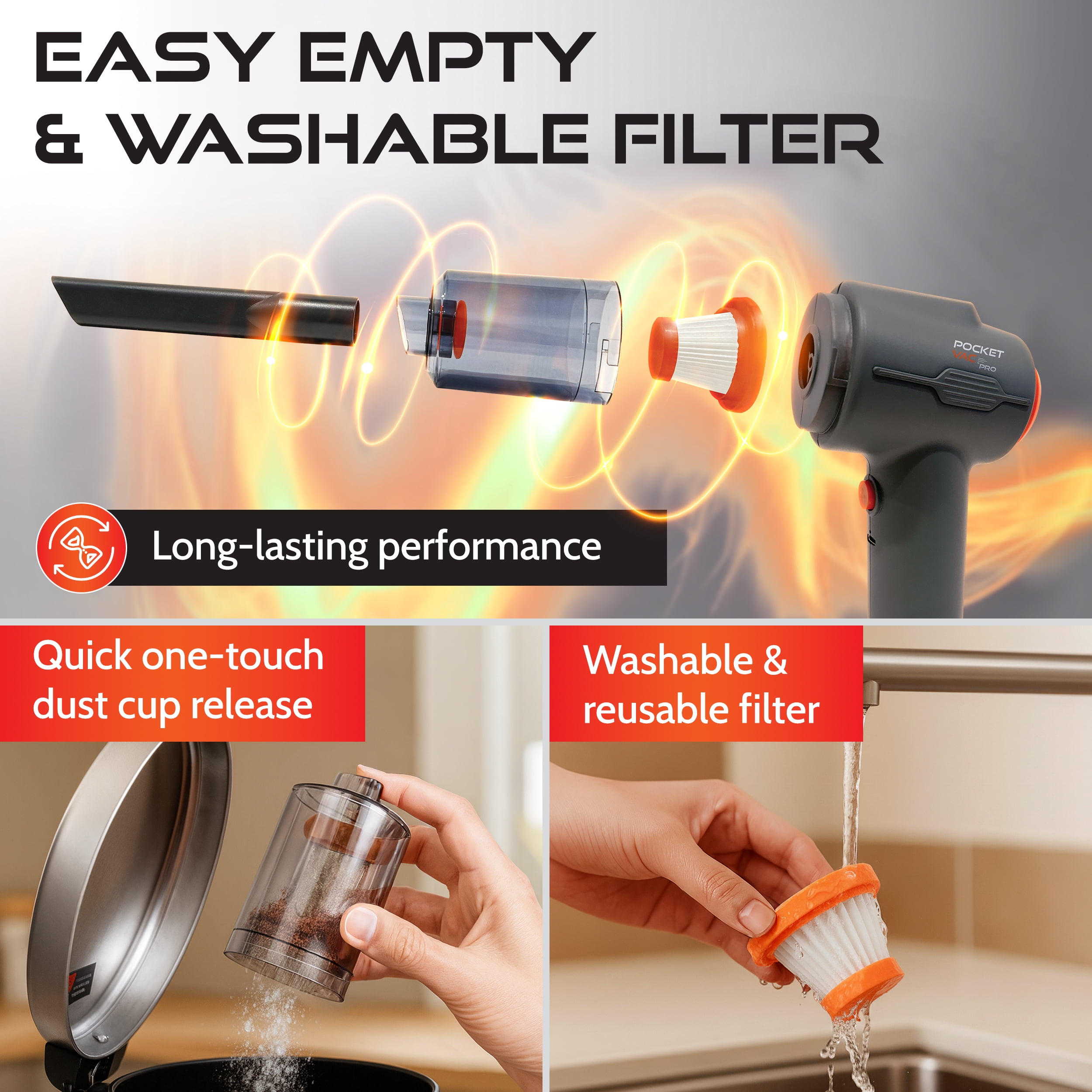 Pocket Vac Pro Cordless Handheld Vacuum , Blower with 3ft Telescoping Wand, USB Rechargeable
