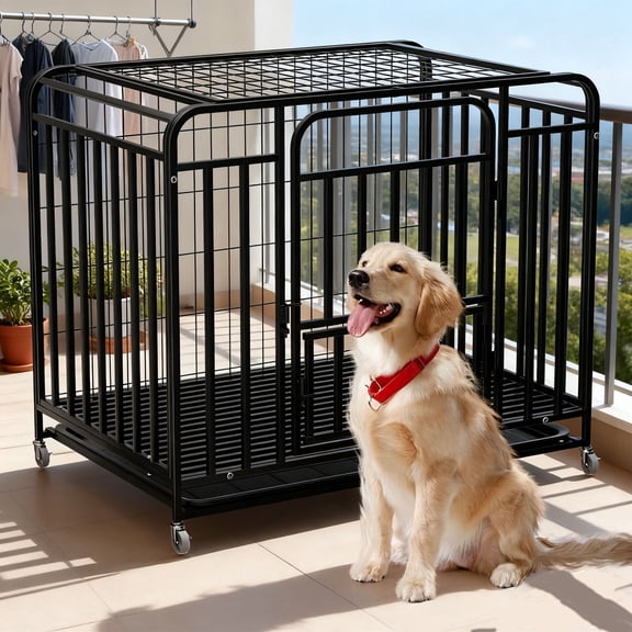 38 Inch Heavy Duty Dog Crate with Wheels, Folding Metal Big Dog Cage for Large and Medium Dogs,Dog Crate with Removable Tray.