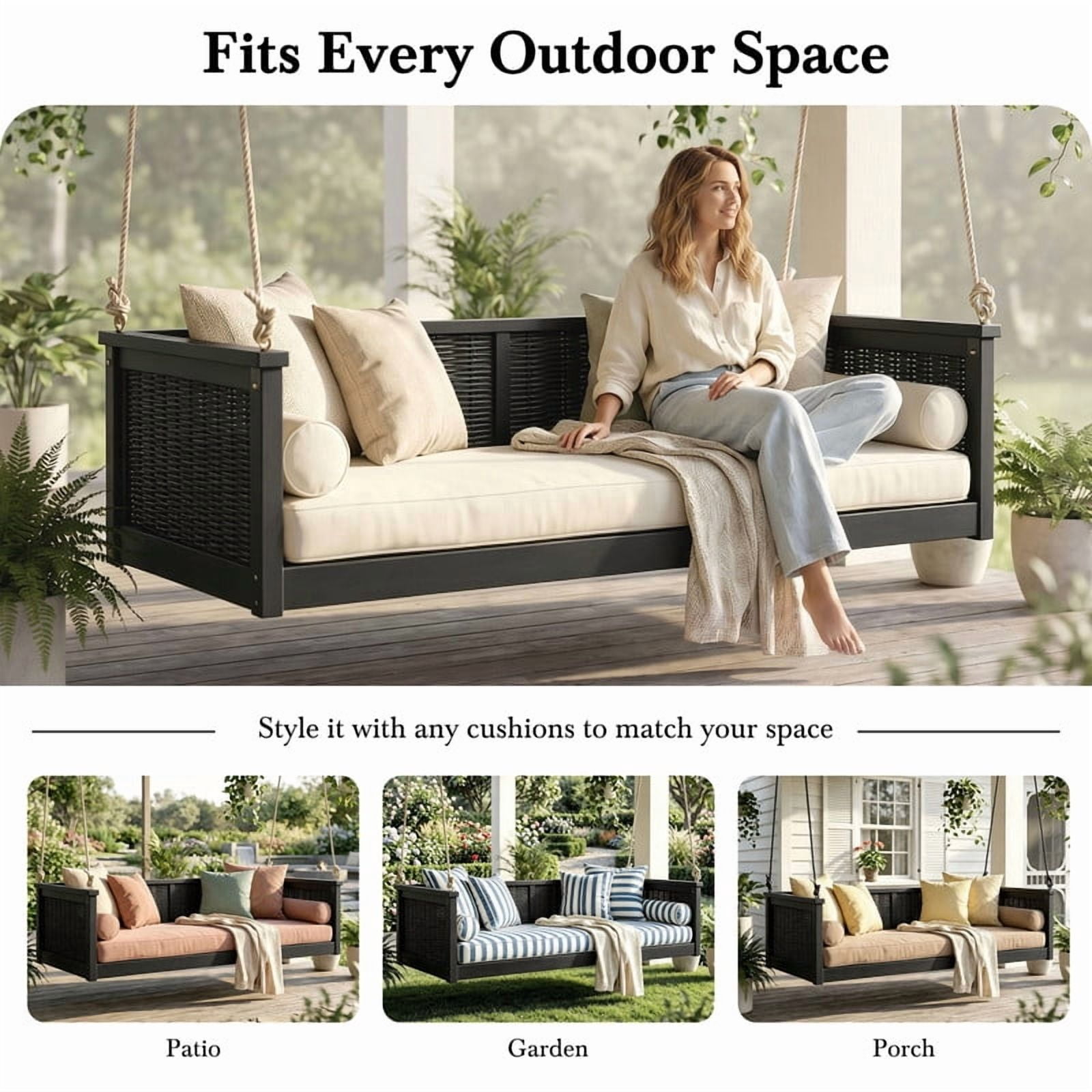 Outdoor Acacia Wood Twin Size 2-Seat Porch Swing Bench, Rattan Hanging Swing Chair Bed with Ropes for Patio, Garden, Backyard