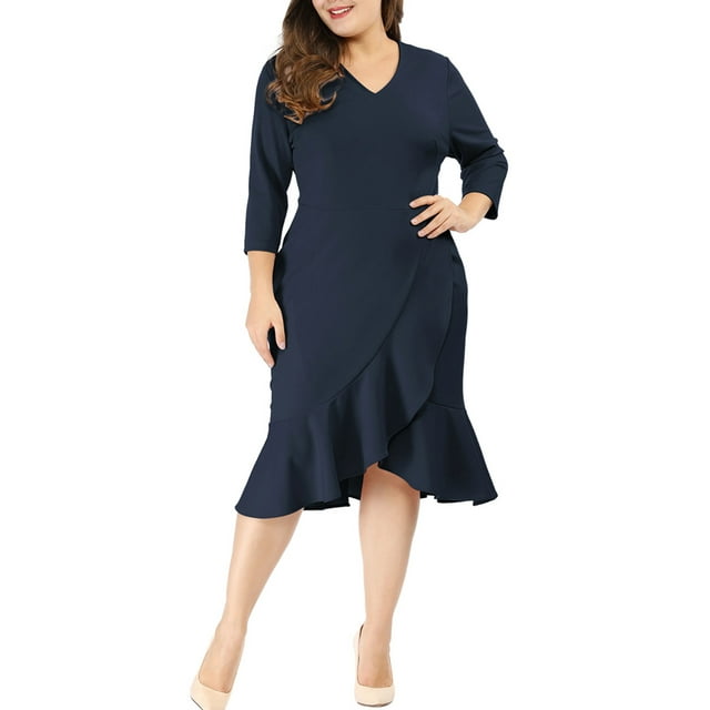 GRACE & GRANDEUR Robe Midi de Cocktail Portefeuille Unie à Col en V pour Femme Grande Taille