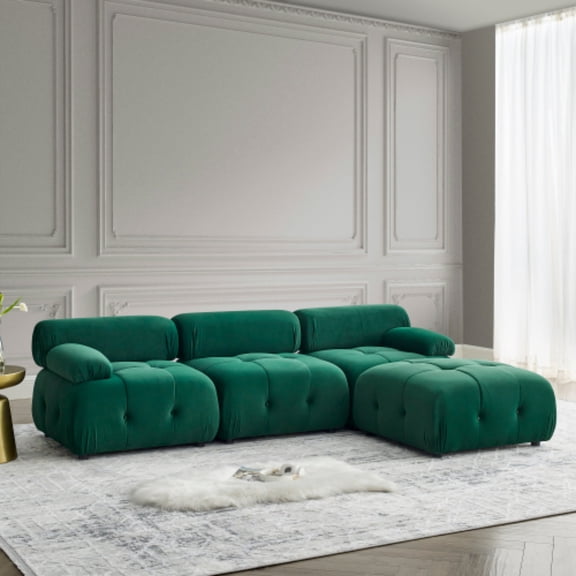 93" Velvet Minimalist Modular Sectional Sofa, Oversized Set with DIY Combination, Convertible Cloud Sleeper Couch with Reversible Ottoman for Living Room​, Dark Green