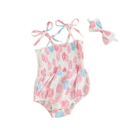 

Thaisu Baby Girl 2Pcs Summer Outfits Cute Sleeveless Tie Strap Smocked Romper with Headband Set Infant Clothes