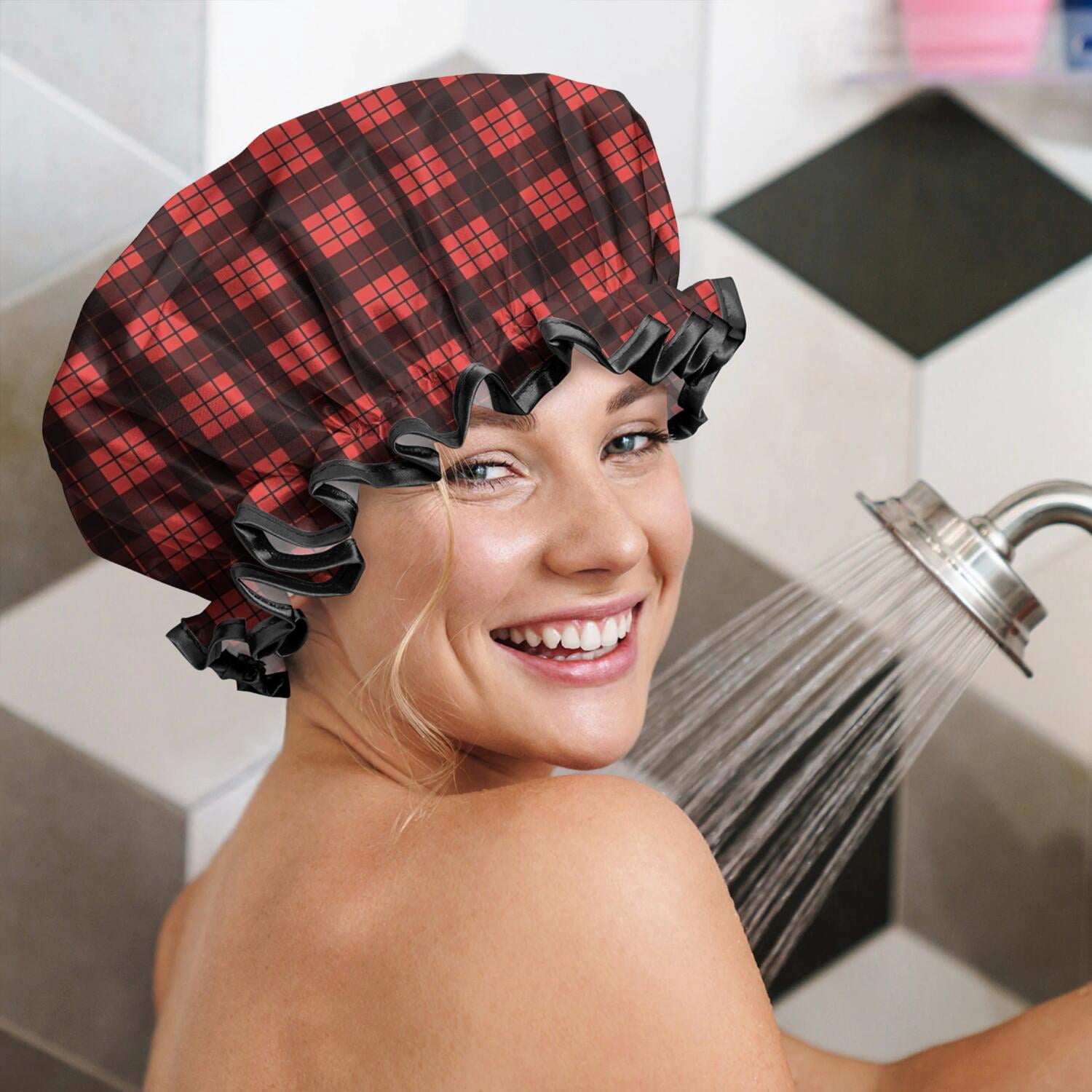 Shower Caps,Red and Black Christmas Plaid Pattern Waterproof Shower Cap for Women 4 Pieces,Double Reusable Hair Cover for Shower PEVA Elastic Stretch Hem