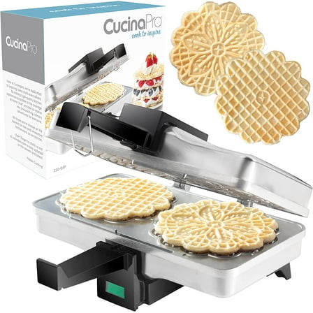CucinaPro Pizzelle Maker- Polished Electric Baker Press Makes Two 5-Inch Cookies at Once- Recipe Guide Included- Italian Waffle Dessert Treat Making- Gift for Her
