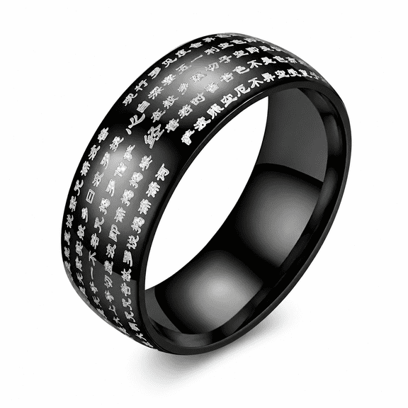 Men's Heart Sutra Ring, Stainless Steel Engraved Wide Band Statement Ring