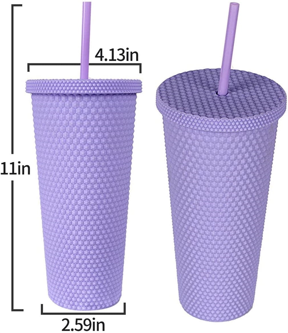 1Pc Plastic Cherry Blossom Cup with Lid and Straw Reusable Iced Coffee Cups  Double Wall Smoothie Cup, Gifts for Women Men, Purple