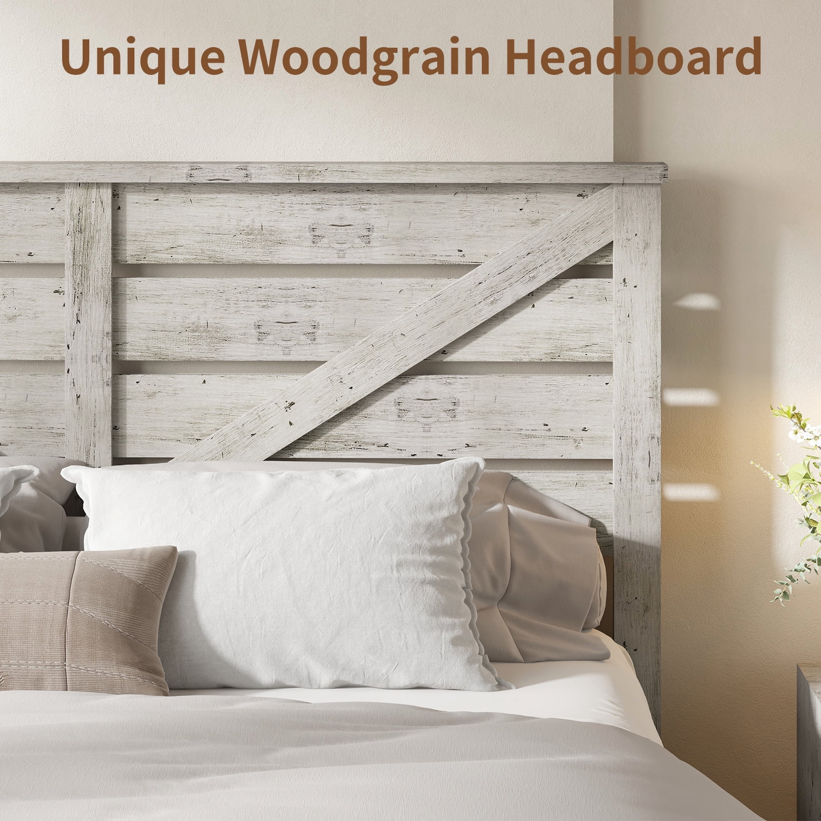 VanAcc King Size Platform Bed Frame with Wood Grain Headboard, Farmhouse Bed Frame with Storage/No Box Spring Needed/Noisy Free/Easy Assembly/White