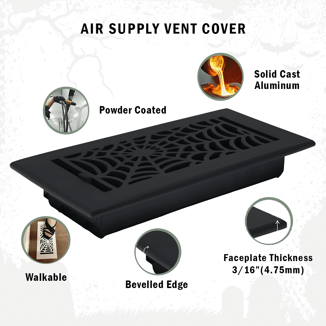 Spooky Gothic Vent cover 4"x 10" Duct Opening (Overall 5-1/2"x 11-3/4") Spider Web Design Solid Cast Aluminium Register