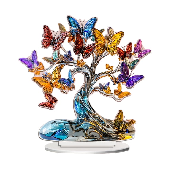 OIUR Love Heart Tree Ornament Colorful Acrylic 2D Flat Decoration Valentine's Day Decor Tabletop Butterfly Tree for Home Mantel End Table Desk Decor