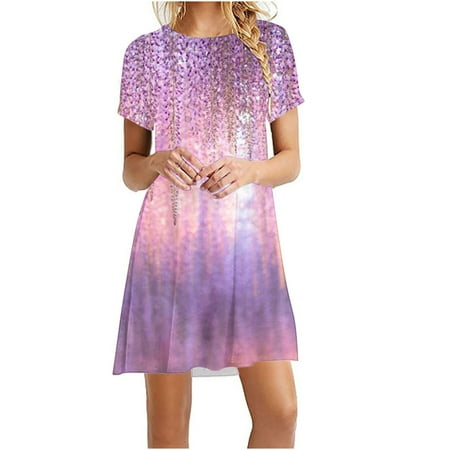 

YanHoo Women s Summer Dresses Trendy Print Short Sleeve Tops Dress Casual Holiday Mini Dress