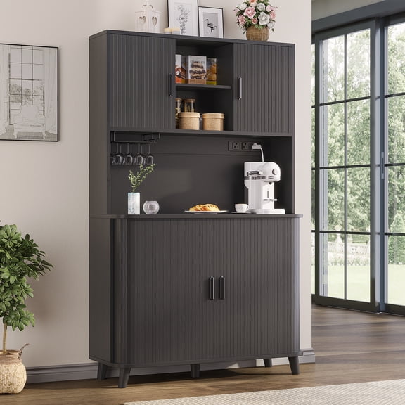 Aufeile 71" Kitchen Pantry Storage Cabinet with Charging Station, Coffee Bar Station with Tambour Sliding Door, 39" W Large Hutch with Adjustable Shelves for Kitchen, Dining Living Room, Black