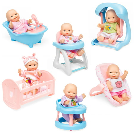 Best Choice Products Set of 6 Mini Baby Dolls Toy w/ Cradle, High Chair, Walker, Swing, Bathtub, Infant