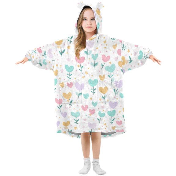 Kids Wearable Blanket Hoodie with 2 Pockets Pastel Spring Hearts Pattern Oversize Blankets Sweatshirt for Children Small