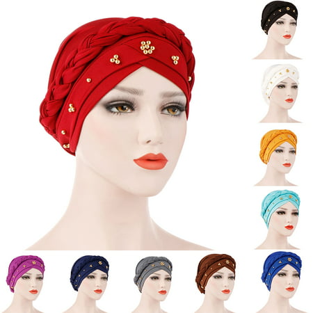 ZeAofaSolid Color Braid Beads Decor Women Muslim Hijab Turban Head Scarf Cap Hat