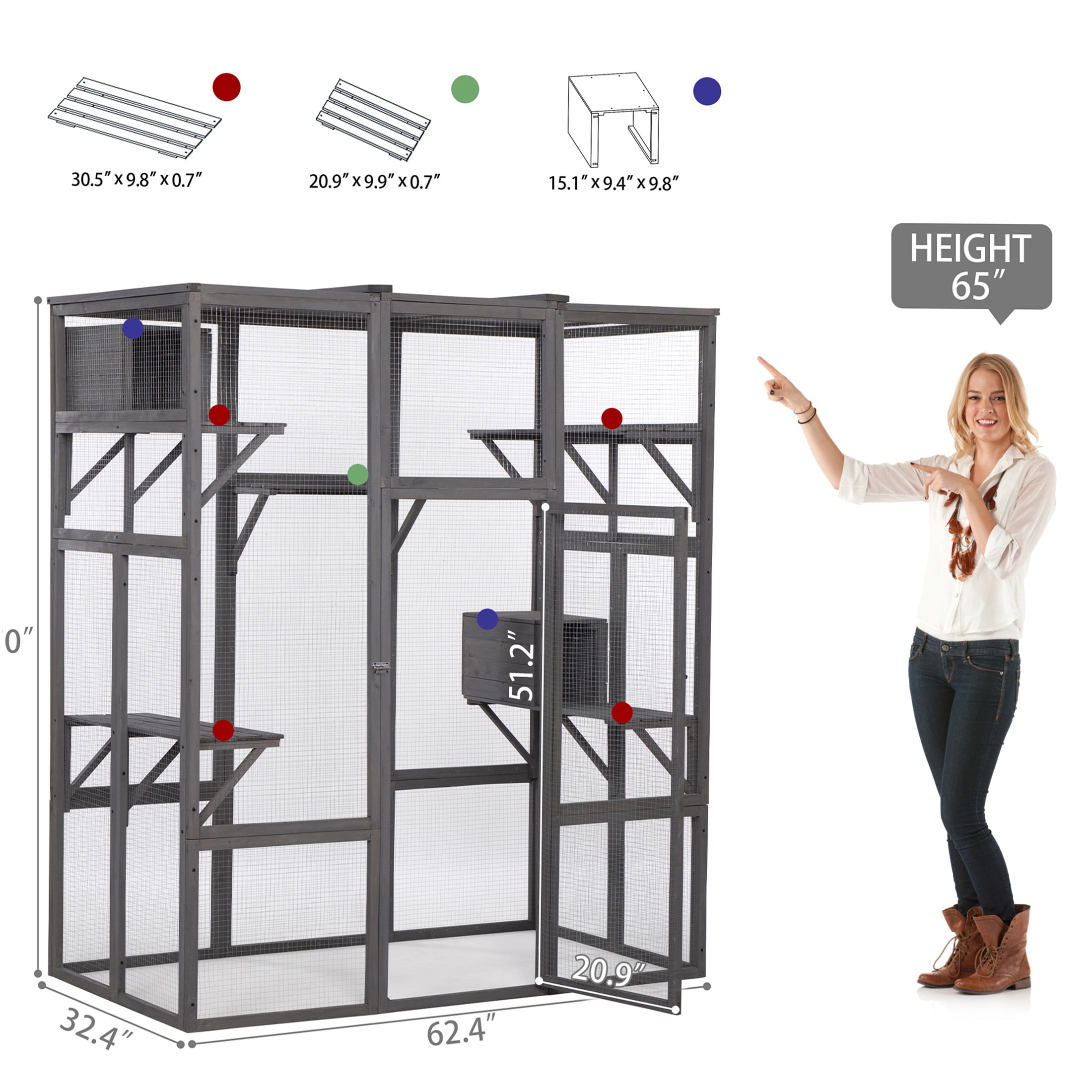 JERFIT Large Outdoor Cat Enclosure with Roof, Multi-Level Indoor/Outdoor Cat Cage Playpen with Lockable Door, Wooden Catio for Multiple Cats, Gray