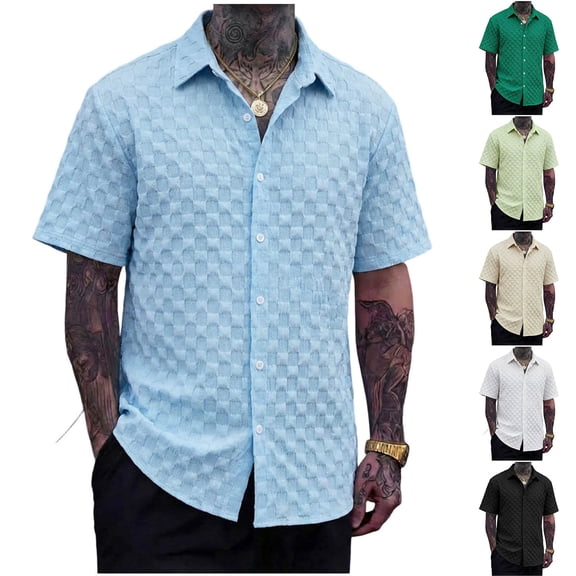 UVEASISHA Mens Short Sleeve Textured Shirt Lightweight Jacquard Button Down Shirts Solid Color Casual Collared Shirt Streetwear Daily Wear