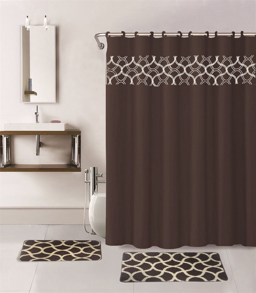 15-PC Geometric Brown HIGH QUALITY Jacquard Bathroom Bath Mat Set, Washable Anti Slip Large Rug 18&quot;x30&quot;, Small Rug 18&quot;x24&quot; with Non-Skid Rubber Back, Shower Curtain and 12 Round Shower Hooks