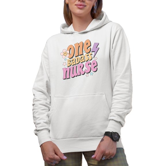 One Bad Ass Nurse, Retro Nurses Week Art Merch Gift, White Hooded Sweatshirt or Hoodie, Small