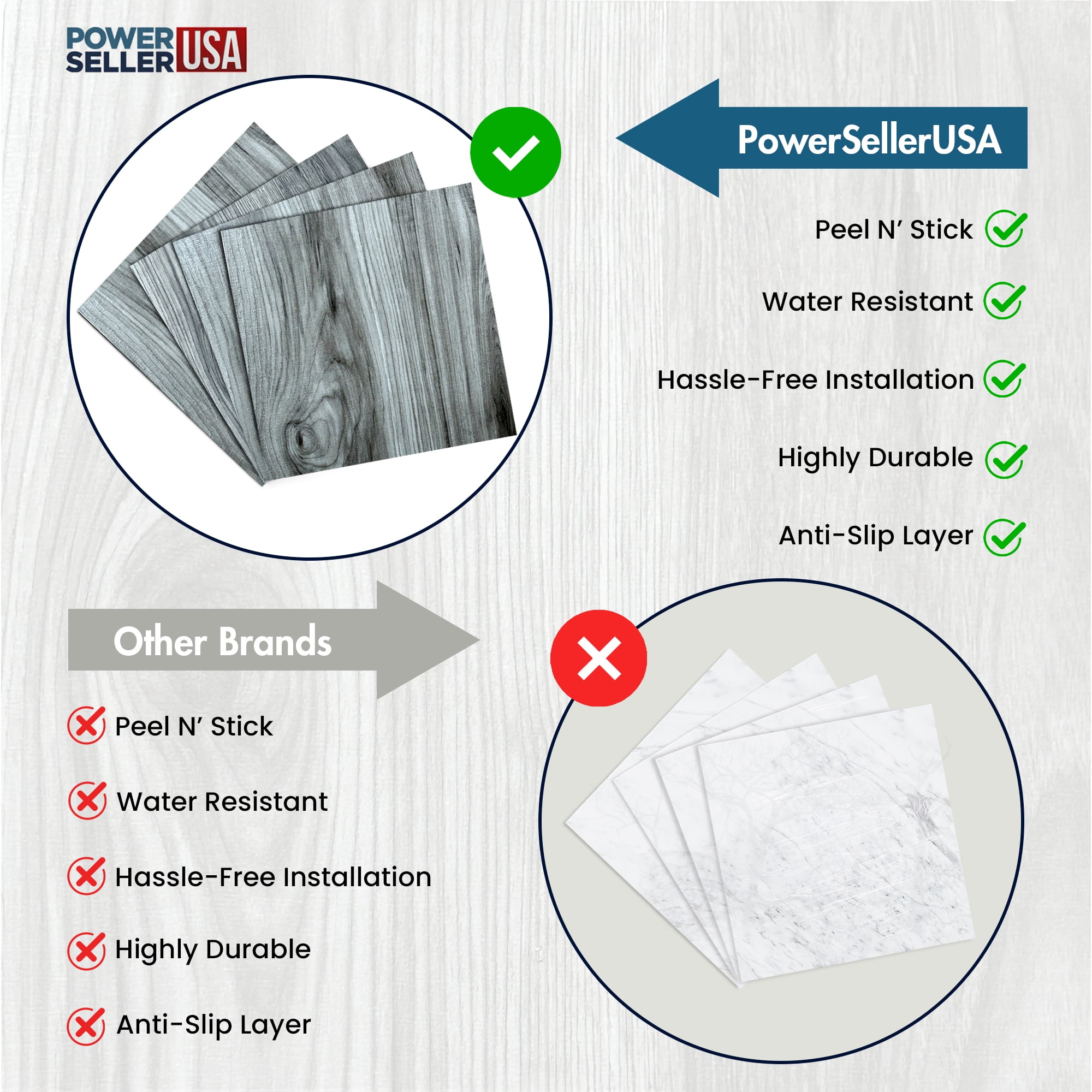 PowerSellerUSA Vinyl Self Adhesive Floor Tiles, 20 Pcs 12 x 12 inches Contemporary Peel and Stick Floor Tile Stickers, Square Flooring Tiles for Kitchen, Bedroom, and Bathroom, Light Silver Oak