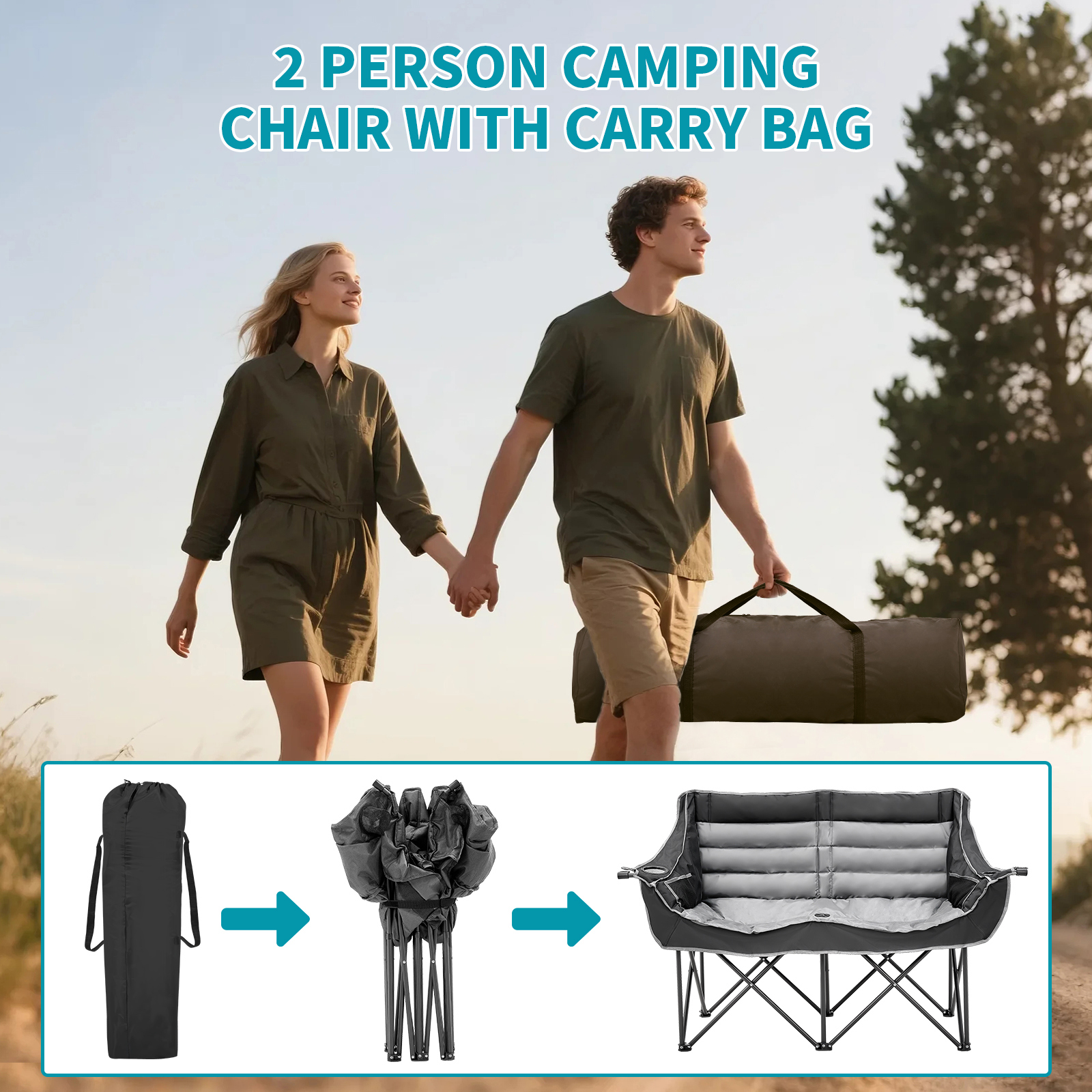 ABORON Oversized Double Camping Chair, Folding 2 Person Camping Chair Loveseat, Fully Padded Duo Chair Camping Couch, Portable Double Camp Chair, Lawn Chairs, Camping Bench with Carrying Bag