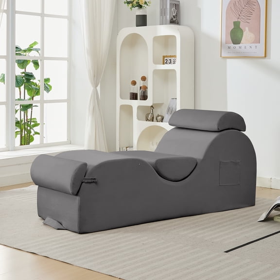 Mjkone Yoga Chair, Velvet Yoga Chaise Lounge for Adults with Carrying Handle, Oversized Yoga Sofa with 3 Headrests and Side Pocket,Light Gray