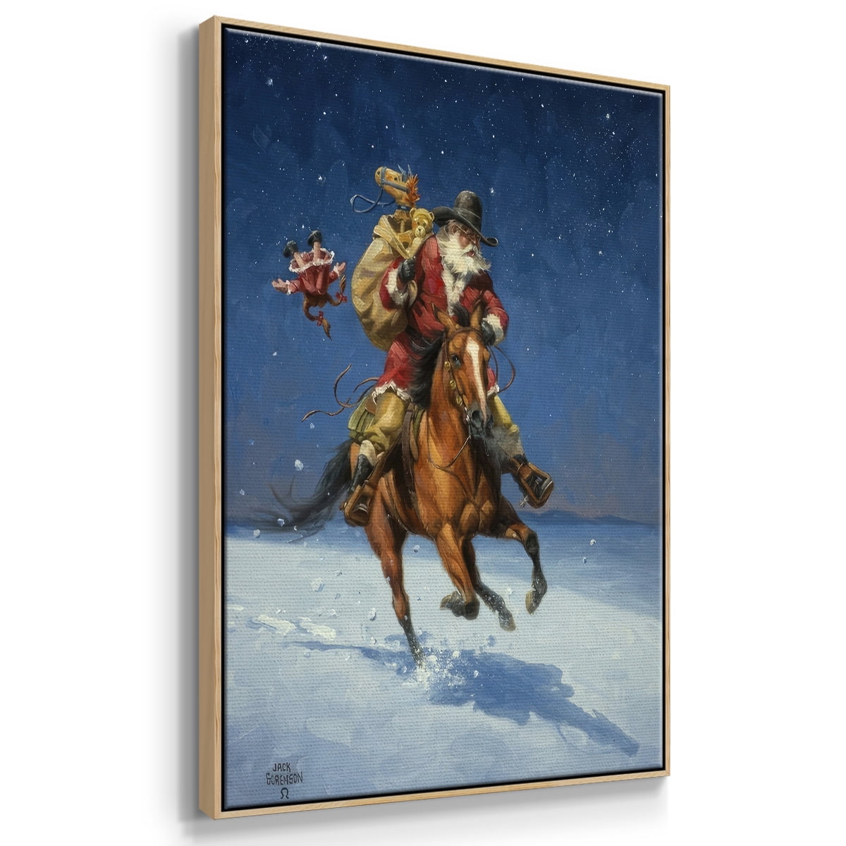 Midnight Rider - Framed Gallery Wrapped Holiday Canvas - 17 x 25 - Natural Wood Frame