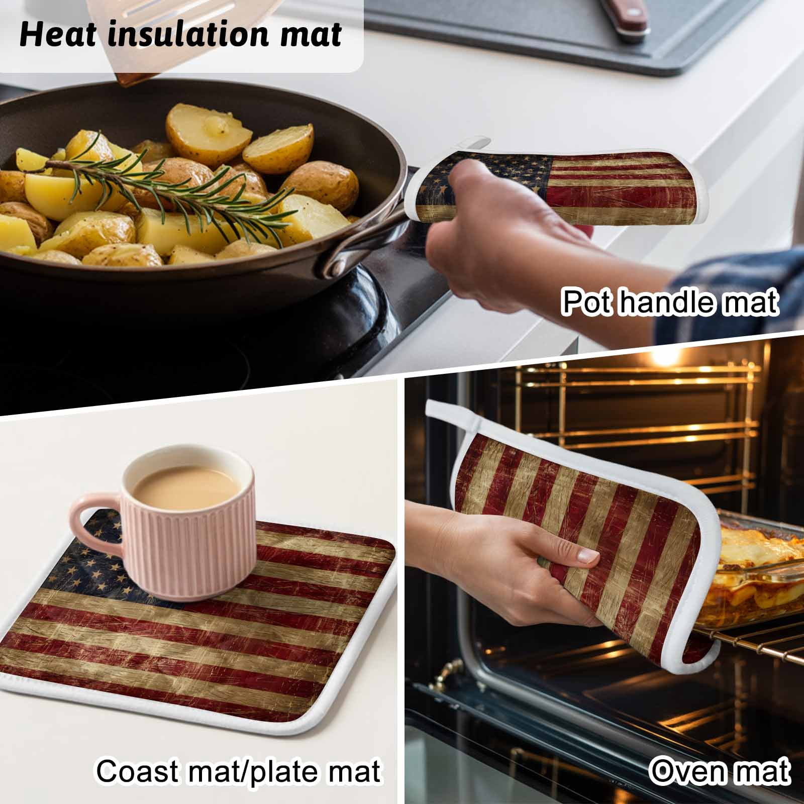 Vintage American Flag Pot Holders for Kitchen Heatproof Potholder, 5 Pack Farmhouse Shabby Retro Red Blue Hot Pads Multipurpose Oven Pads Cloth Potholders Trivet for Cooking Baking