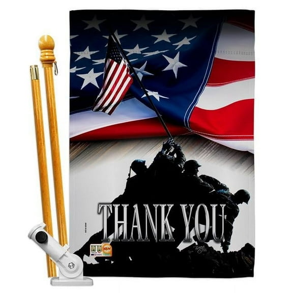 Breeze Decor BD-PA-HS-111088-IP-BO-D-US18-BD 28 x 40 in. Thank You Americana Patriotic Impressions Decorative Vertical Double Sided House Flag Set & Pole Bracket Hardware