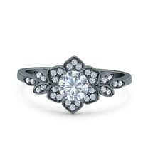 Black Tone, Simulated Cubic Zirconia Size-7 Halo Art Deco Cluster Floral Wedding Engagement Ring 925 Sterling Silver