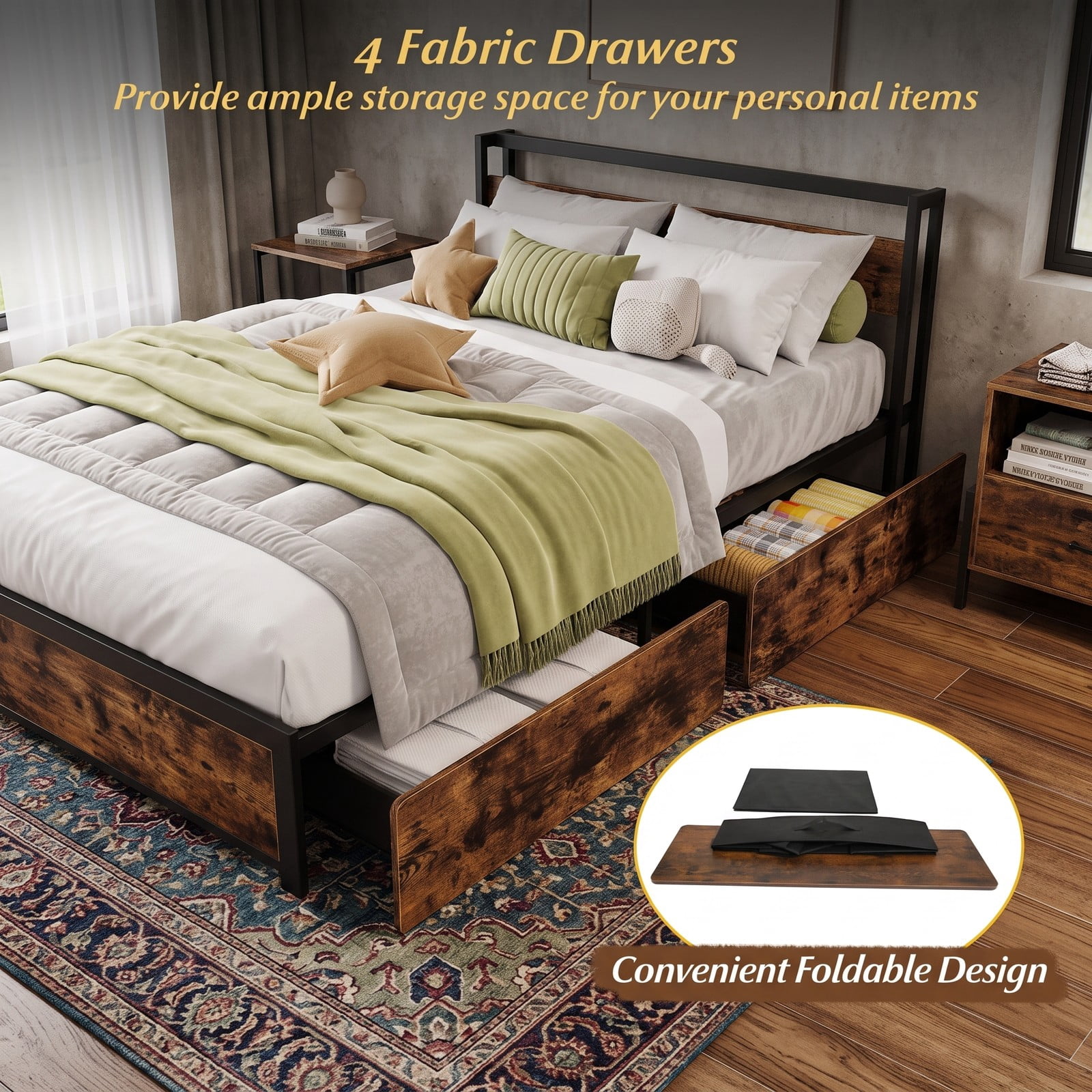 Furnibear Queen Bed Frame with Storage, Metal Platform Bed with 4 Drawers, LED Lights and 2-Tier Storage Headboard, Rustic Brown