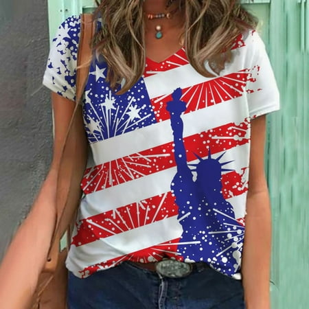 

V Neck Blouses for Women Womens Stars Prints Independence Day Short Sleeve Tops Summer Casual Loose Tee Shirts