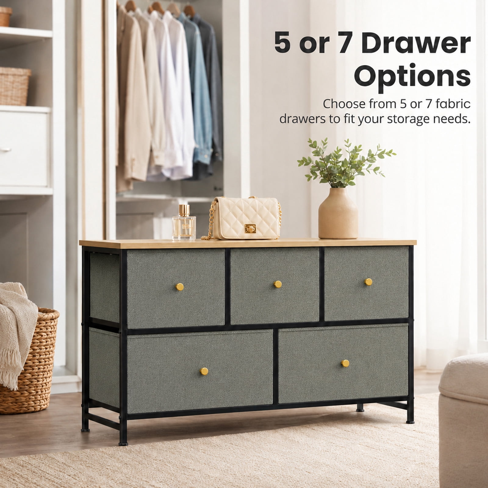 Alvantor 5/7 Drawer Fabric Dresser, Storage Tower for Bedroom and Closet, Chest of Drawers with Sturdy Steel Frame & Wooden Top for Living Room, Entryway