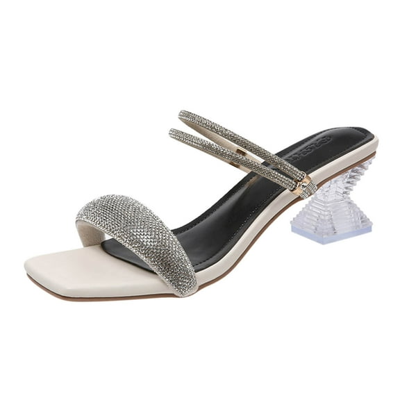 Fanxing Heels for Women, Open Toe Casual Slip On Summer Dressy Sandals Block Mid Heels Rhinestones Strappy Sandal Pumps