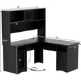 Homieasy LShaped Desk with Power Outlet, LED Lights, Drawers, Hutch, Storage Shelves, Black
