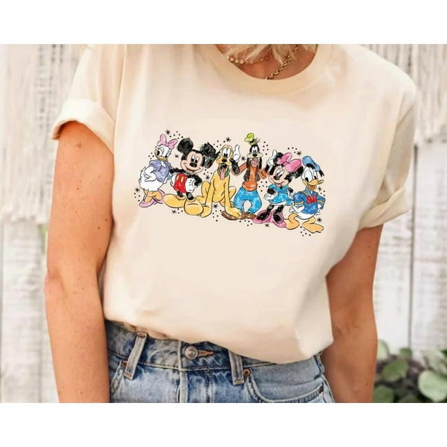 Mickey And Friends Chemise Aquarelle, Chemise Mickey And Friends, Chemise Mickey Mouse, Rétro m - Ivoire - L