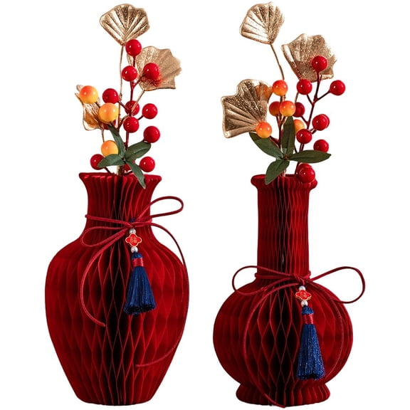 Jiibva 2pcs Red Honeycomb Paper Vase with Berry Sprigs - Modern Geometric Centerpiece for Wedding, Christmas Home Decor - Festive Table Vase Decoration