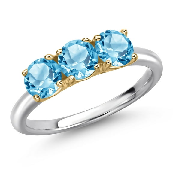 Gem Stone King 10K Two Tone Gold Swiss Blue Topaz Engagement Ring for Women | 1.95 Cttw | Round 5MM | Gemstone November Birthstone | Size 5