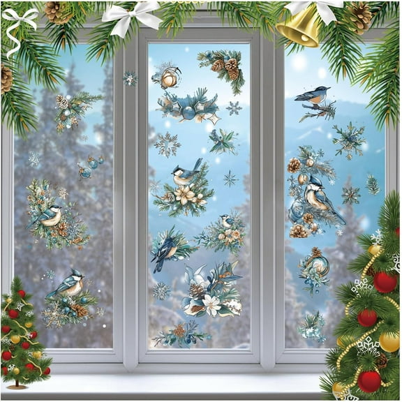 Christmas Winter Window Clings 8 Sheets Birds Snowflakes Pine Tree Branch Pinecones Holly PVC Window Decal Stickers Self-Adhesive Decor for Glass Windows Home Office Kitchen Xmas Holiday colorful
