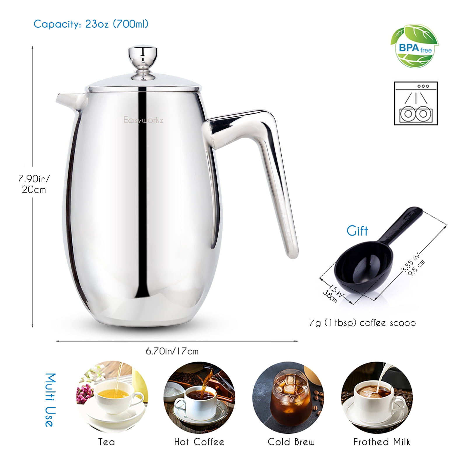 Easyworkz Nando French Press 23 oz Double Wall Insulated Thermal Coffee Maker, 304 Stainless Steel Cafetiere