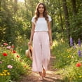 thumbnail image 6 of Resicozy Striped Linen Pants Women Summer Plus Size Elastic Waist Straight Leg Cropped Pants Casual Boho Beach Trousers Light pink 2XL, 6 of 9