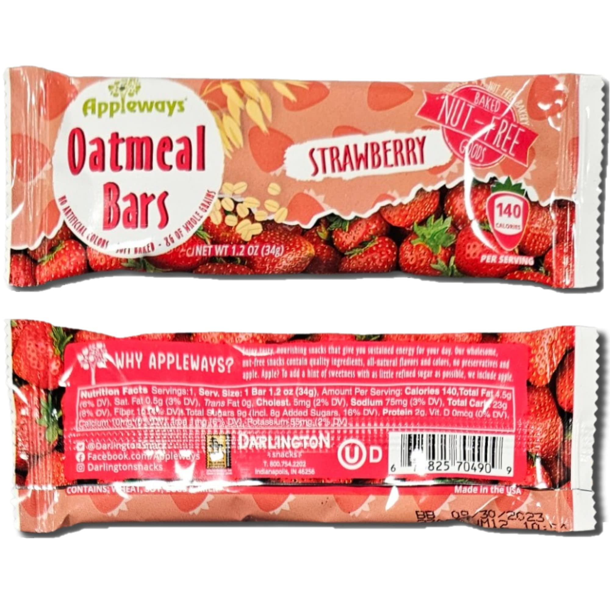 Appleways Strawberry Oatmeal Bar School Snacks | 1.2 Ounce | Pack of 24