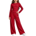 thumbnail image 5 of QTBIUQ Girls Two-Piece Fall Set Long-Sleeve Fitted Crop Top and Elastic Waist Wide-Leg Pants Casual Outfit Set, 5 of 6