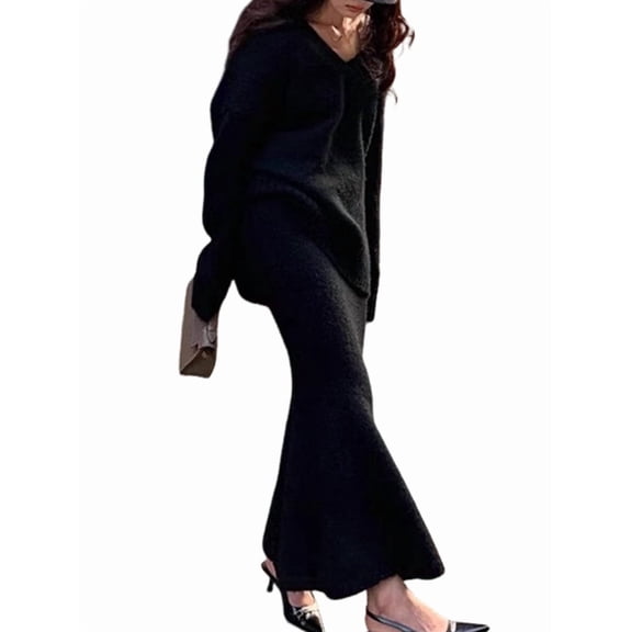 Women 2 Piece Skirts Sets Fashion Sweater Midi Dress Knit Lounge Travel Outfits Black One size