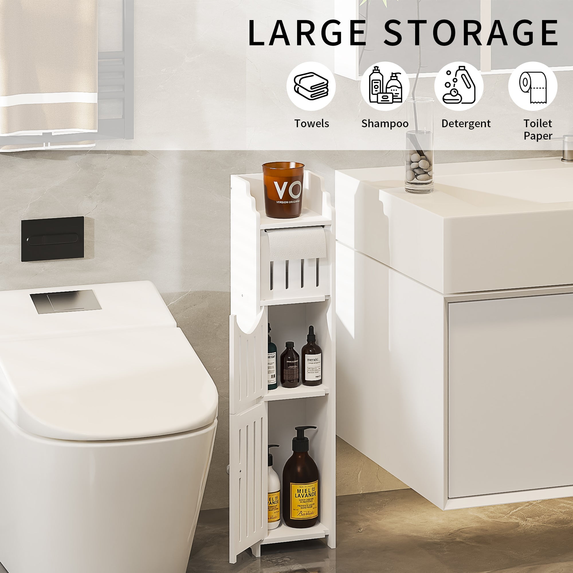 VECELO Small Bathroom Cabinet, Multi-layer Narrow Storage Cabinet with Door and Toilet Paper Holder, Corner Floor Cabinet for Small Spaces, White