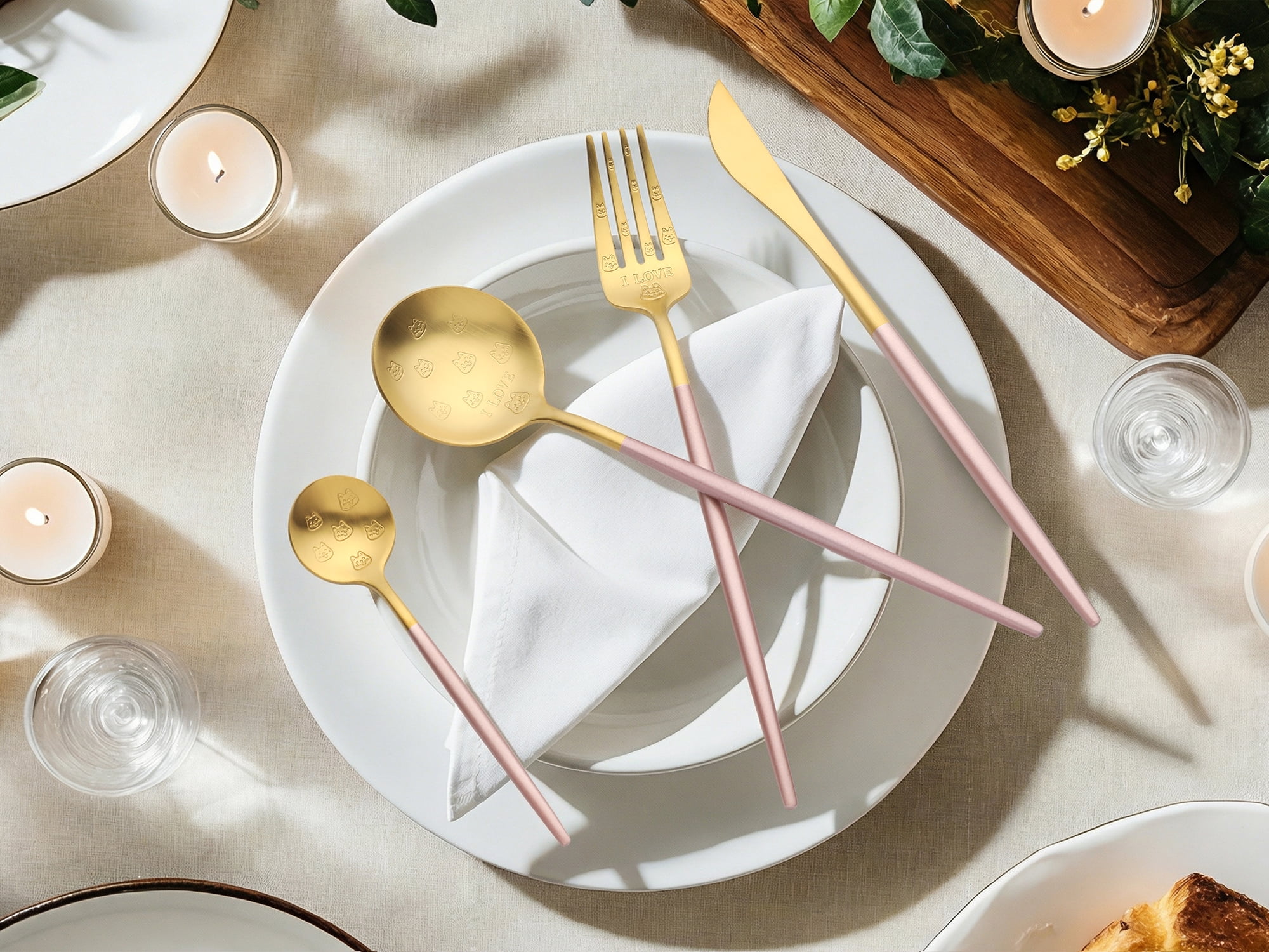 Unique Bargains 4 Piece Stainless Steel Floral Flatware Modern Cutlery Set Pink 4