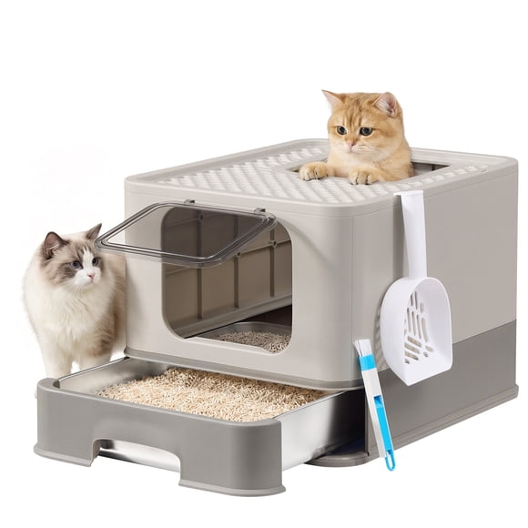 Feandrea Stainless Steel Cat Litter Box with Pull-Out Drawer, Litter Tray with Hood, Scoop, Brush, 2 Entrances, for Cats up to 15 kg, Light Gray and Dark Gray UPPT004G101